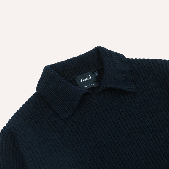Drake's Navy Alpaca Lambswool Ribbed Integral Collar Jumper/Sweater, Size Small - Picture 3 of 5